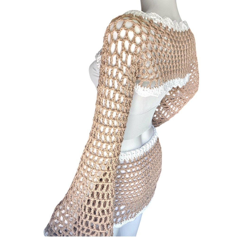 Handmade Crochet Festival Set, Bell Sleeve Front Tie Shrug & Mini Skirt, Taupe - Picture 14 of 14